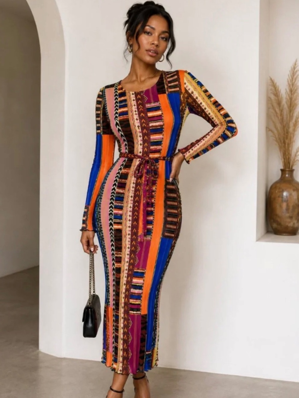 Never Fully Dressed Tie Waist Plisse Midaxi Dress Contrast Print